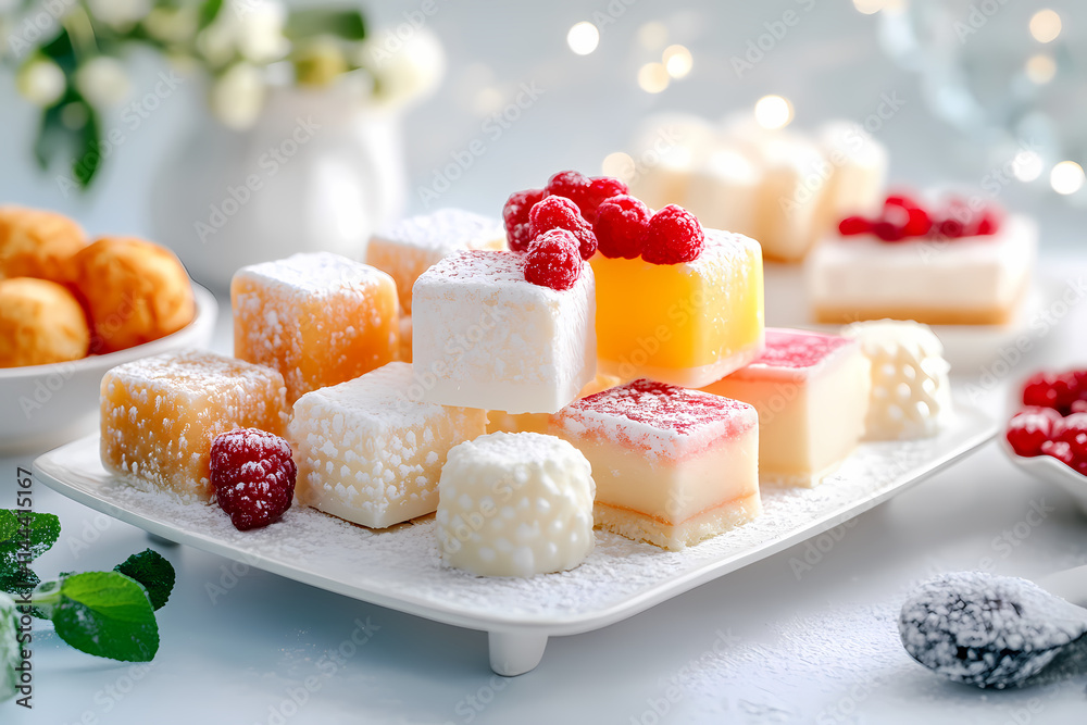 A dessert display with delicate garnishes and a soft-focus background. A dessert display with delicate garnishes and a soft-focus background.