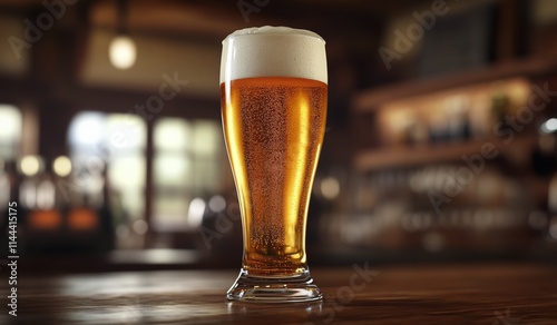 Golden beer in elegant glass sits on wooden table in cozy bar setting during ...