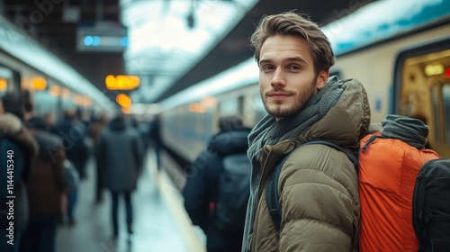 Backpacker Waiting for Train at Station