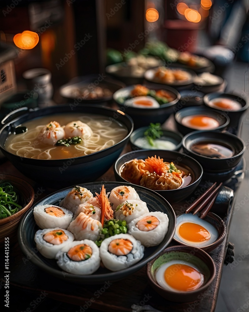 A close-up shot of a vibrant street food market, featuring colorful bowls of Asian cuisine steaming ramen noodles with soft-boiled eggs, sushi rolls,generative ai A close-up shot of a vibrant street food market, featuring colorful bowls of Asian cuisine steaming ramen noodles with soft-boiled eggs, sushi rolls,generative ai