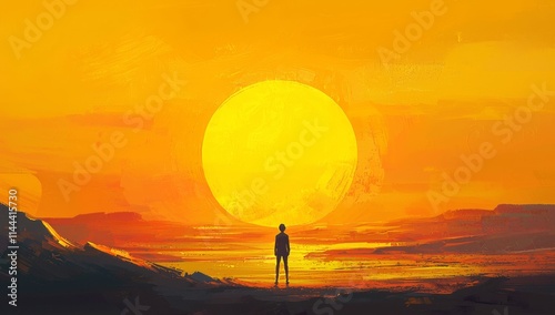 The shadow of a lone person stands on a desert landscape beneath a large, radiant sun in an orange sky.
