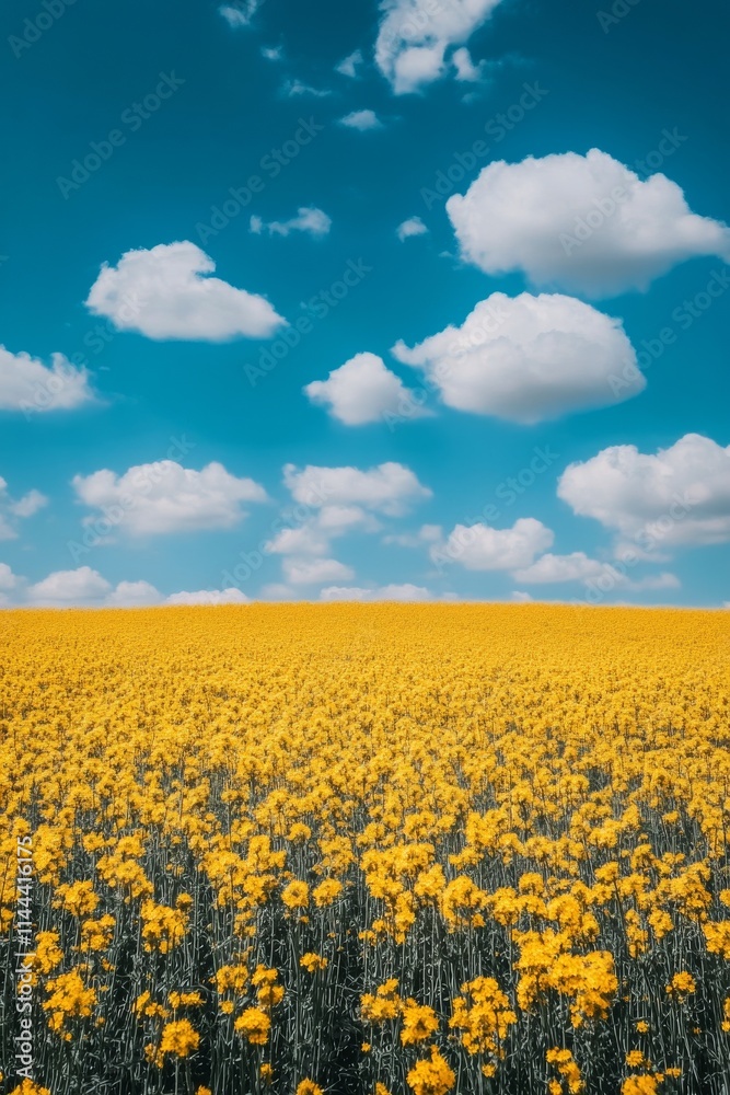 Vibrant yellow flower field under a bright blue sky dotted with fluffy clouds during a sunny day in spring Vibrant yellow flower field under a bright blue sky dotted with fluffy clouds during a sunny day in spring