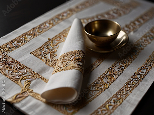 Golden bowl on a gold plate on exquisite fabric, vintage decorated cafe