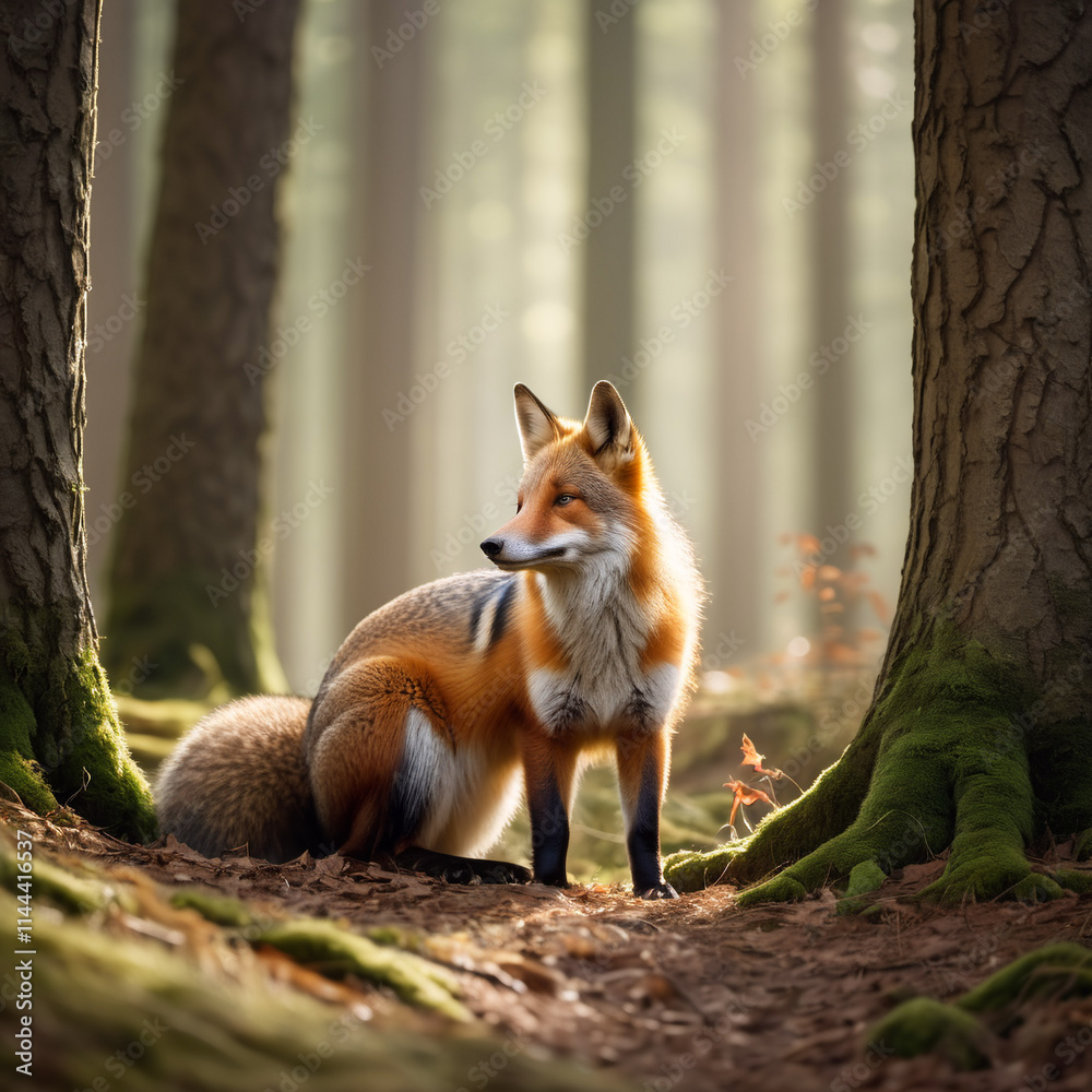 Fototapeta premium Tiere im Wald - Fuchs mit prächtigem Fell im Sonnenlicht