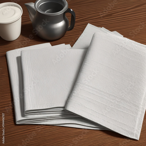 Coffee and white napkins on a wooden table, hotels and hospitality industry concept