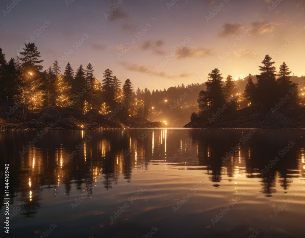 Obraz premium Elegant gold bokeh lights dancing on a serene lake at dusk, serene, nature, peaceful