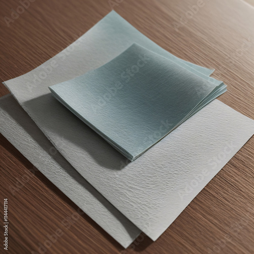 Small stacks of paper on a wooden table, office setting
