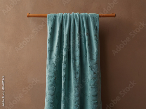 Large blue towel on wooden holder on a wall, bathroom setting