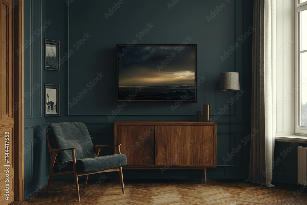 mockup frame on a cabinet in the interior of a living room with a dark, empty wall background mockup frame on a cabinet in the interior of a living room with a dark, empty wall background