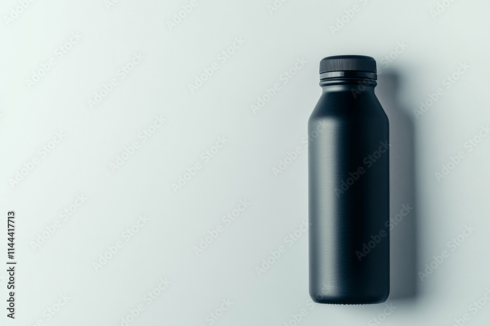 Isolated steel thermo water bottle against a white backdrop. Reusable bottle container for tea or coffee. Travel tumbler with Thermos. Sport thermos black stainless steel water flask.