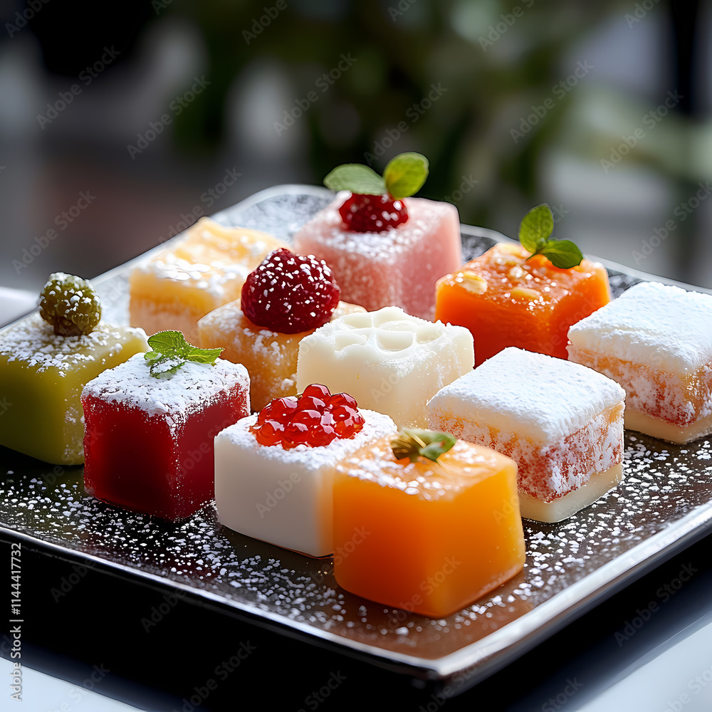 A dessert display with delicate garnishes and a soft-focus background. A dessert display with delicate garnishes and a soft-focus background.