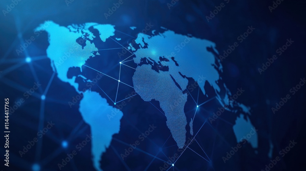 Blue Digital World Map with Network Connections and Global Data Visualization