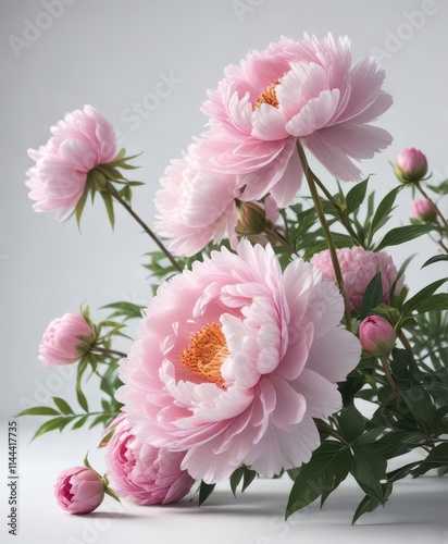 Fototapeta Naklejka Na Ścianę i Meble -  Full bloom pink peonies, pristine white backdrop, nature, macro
