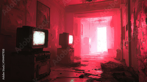 Red-lit hallway with old TVs, decaying interior.