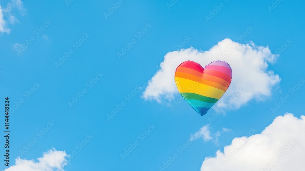 Fototapeta premium Colorful Rainbow Heart Balloon Floating in a Bright Blue Sky