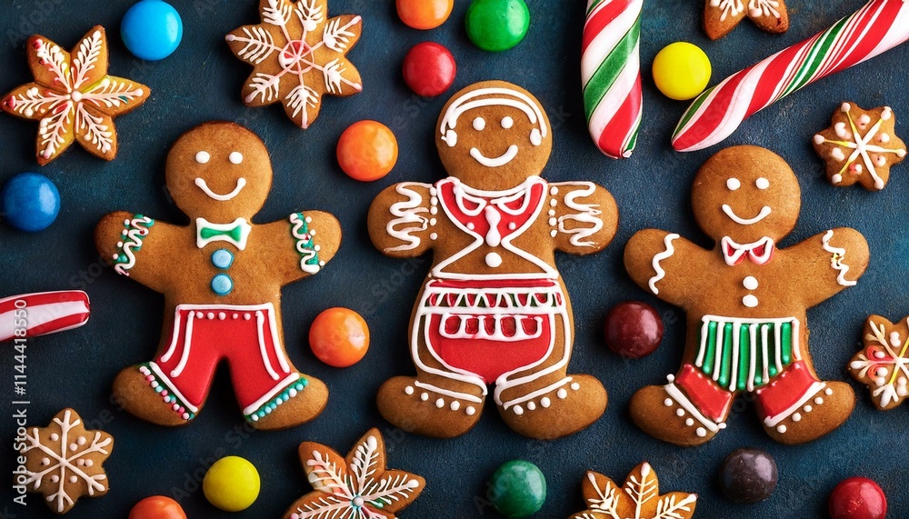 gingerbread men friends surrounded, candy canes, and a snowflake shape ornament christmas concept.