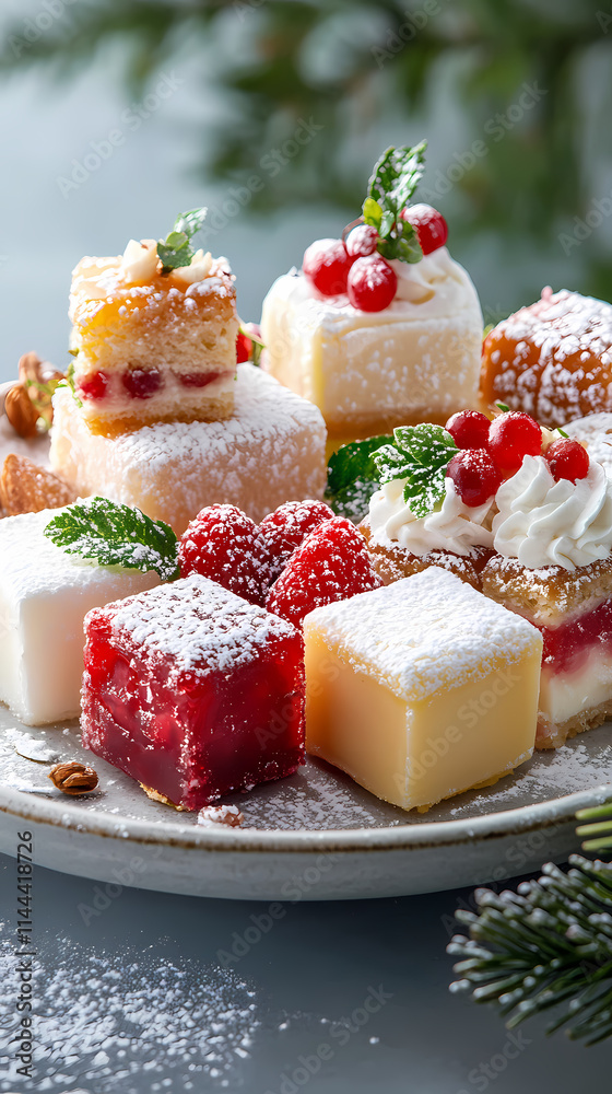 A dessert display with delicate garnishes and a soft-focus background. A dessert display with delicate garnishes and a soft-focus background.