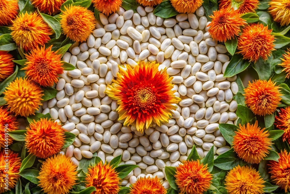 Safflower Seeds: Aerial View of White Oval Seeds, Nutty Flavor, Agricultural Field, Harvest, Close-up Safflower Seeds: Aerial View of White Oval Seeds, Nutty Flavor, Agricultural Field, Harvest, Close-up
