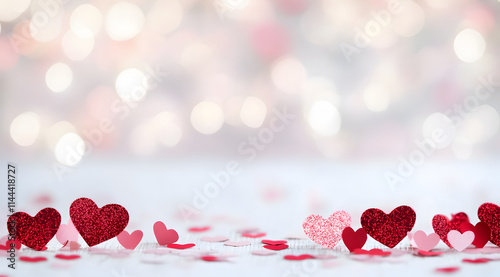 Wallpaper Mural A festive arrangement of sparkling red hearts on a blurred, softly illuminated background, perfect for romantic occasions. Torontodigital.ca