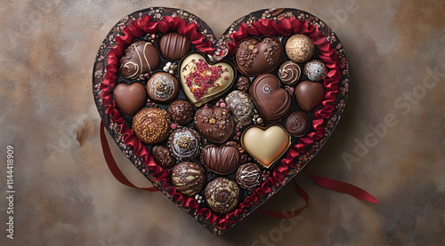 A heart-shaped box filled with assorted chocolates, decorated with red accents, perfect for romantic occasions.