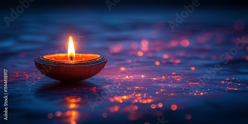 Soothing candle light illuminates a dark space with colorful bokeh during fes...