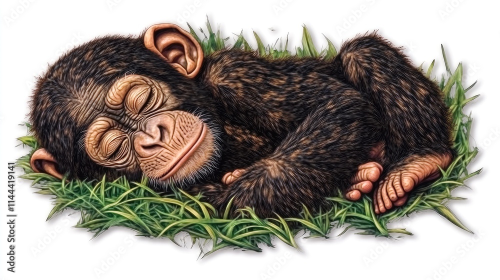 Obraz premium A playful chimpanzee illustration with big eyes and realistic fur, isolated on a clean white background, designed for artistic and modern visuals