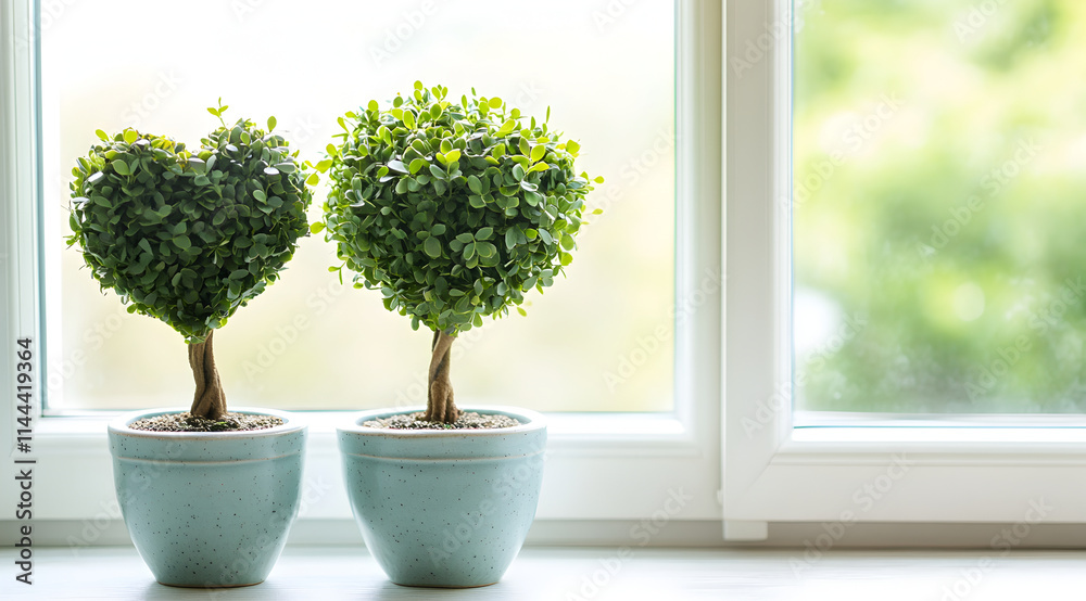 Fototapeta premium Two heart-shaped potted plants sit on a windowsill, bringing a touch of greenery and love to the indoor space.