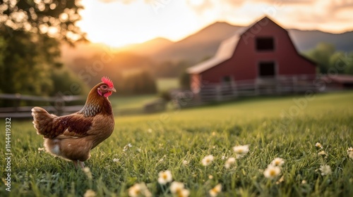 A brown hen enjoys the warmth of the golden hour, standing amidst a vibrant green field with a red barn and rolling hills creating a picturesque farm scene.
