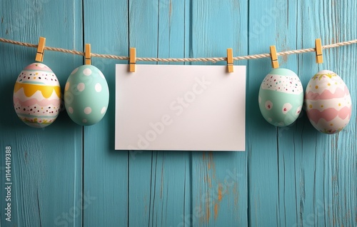 Colorful Easter eggs arranged on a blue wooden table with a blank card hangin...