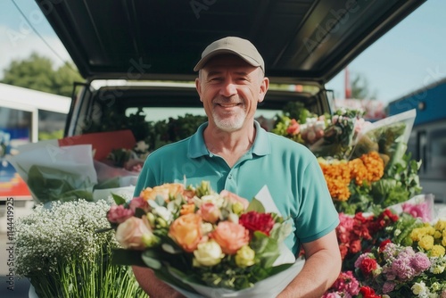 Man selling flowers from his car, standing with bouquet