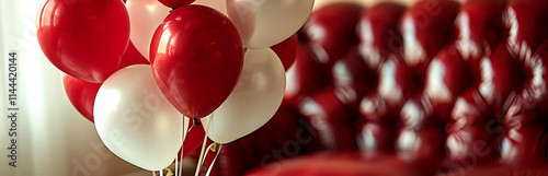 Colorful bunch of red and white balloons tied to a couch, ideal for festive event decorations and celebration photography. photo