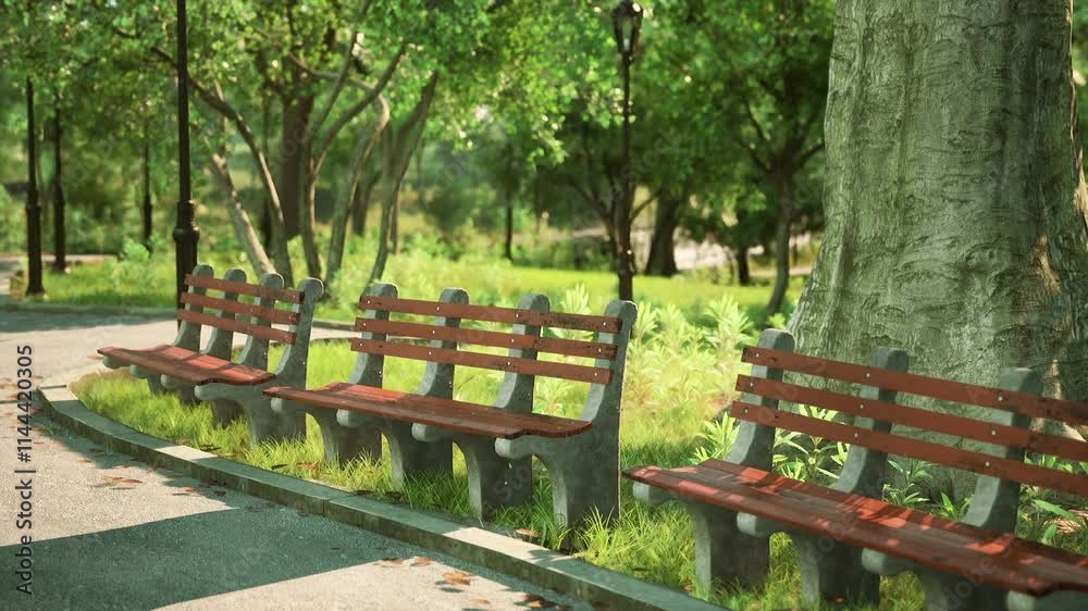 A series of benches are arranged along a serene pathway in a park. The area is filled with vibrant green trees and soft grass, creating a tranquil atmosphere for visitors.