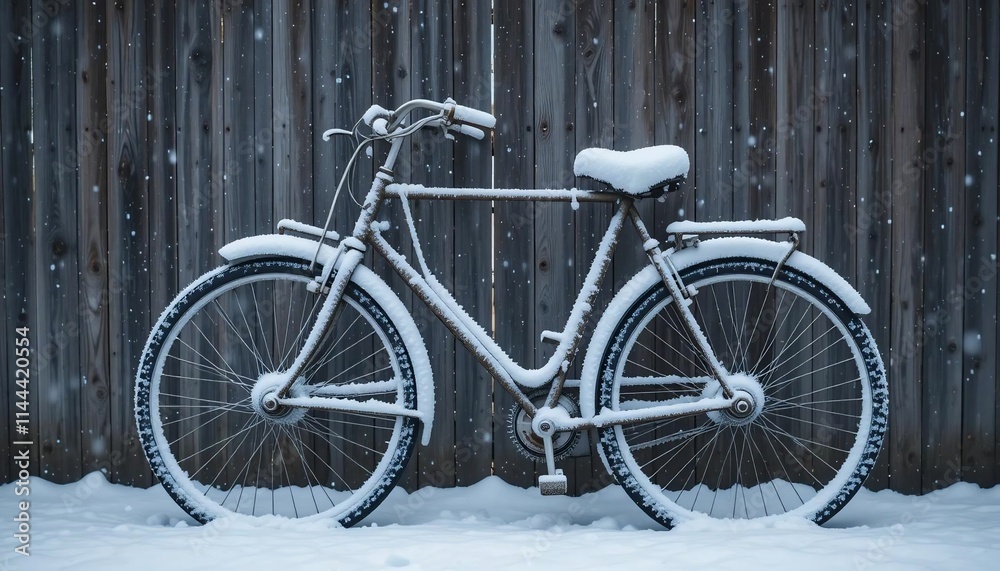 Snowy Bicycle by Wooden Fence Winter Scene