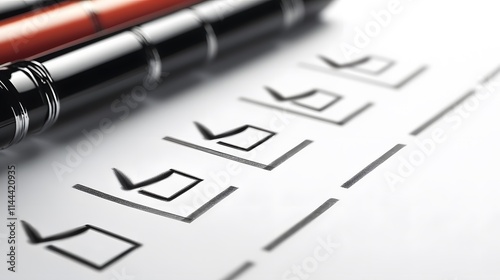 A close-up view of a checklist with tick boxes. Two pens are placed above the paper, emphasizing organization and productivity in professional settings. photo