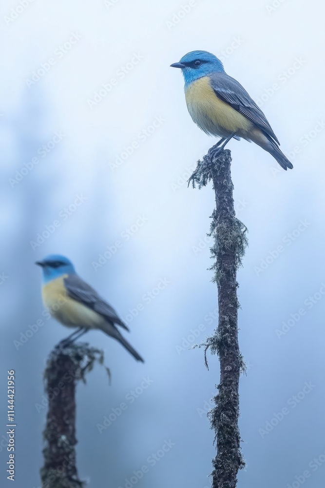 Two vibrant blue and yellow birds perched on mossy branches in a misty forest. Two vibrant blue and yellow birds perched on mossy branches in a misty forest.