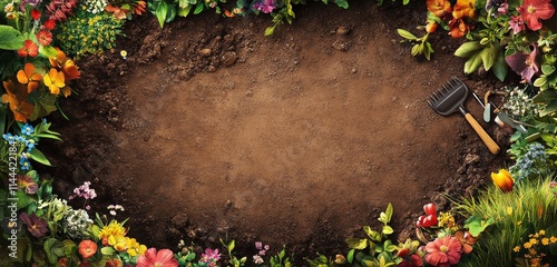 Colorful floral border surrounding a rich brown soil, perfect for gardening a...