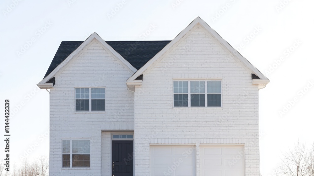White brick two-story house with dark gray door and garage. White brick two-story house with dark gray door and garage.