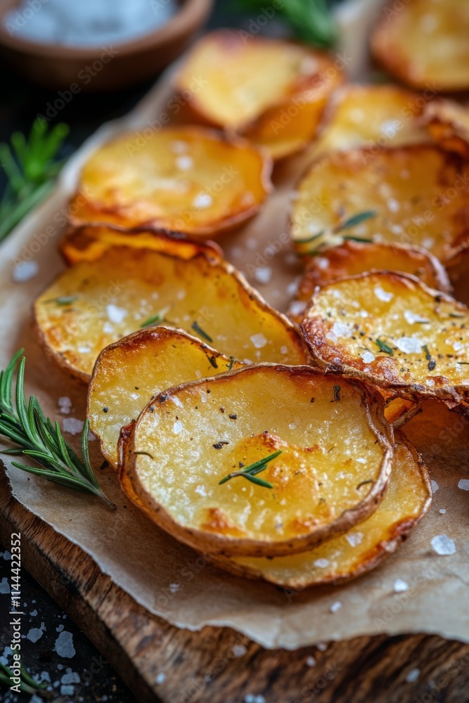 Crispy homemade potato chips prepared with fresh herbs and sea salt on a wooden serving board ready to snack on Crispy homemade potato chips prepared with fresh herbs and sea salt on a wooden serving board ready to snack on