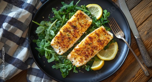 Deliciously prepared white fish fillets served on a bed of fresh arugula with...
