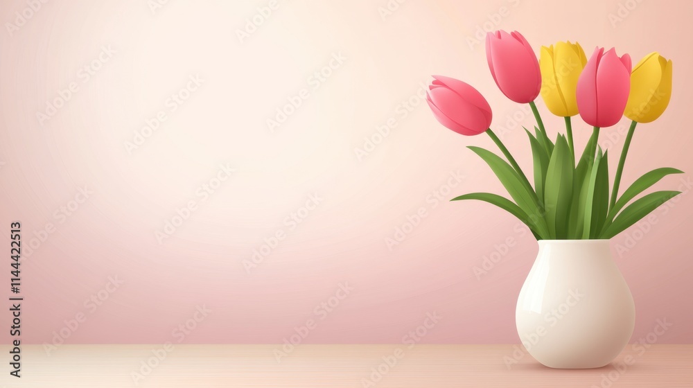Obraz premium Colorful Tulips in a White Vase with Soft Background for Spring Theme