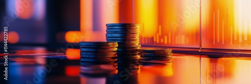 Coins stacked neatly on a reflective surface in a vibrant, illuminated digita...