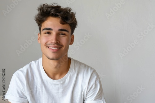 Attractive hipster male model in white t shirt on mockup background.