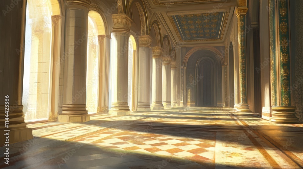 Fototapeta premium Elegant Light Streaming Through Grand Architectural Interior Hallway