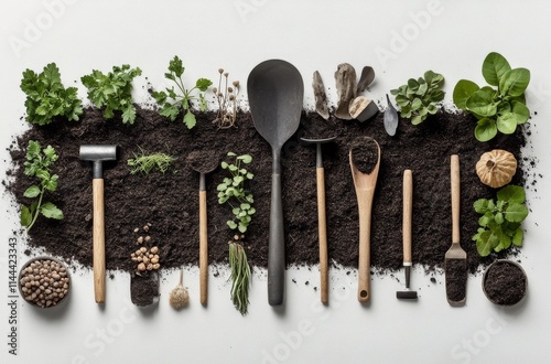 Gardening tools and soil in black pots arranged neatly for planting small her...