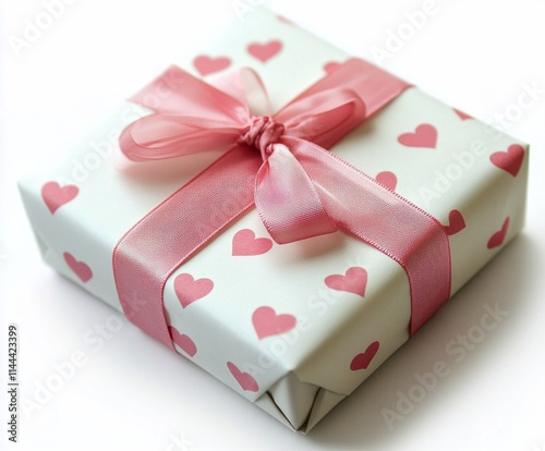 Brightly wrapped gift box with pink hearts and ribbon showcasing a delightful...
