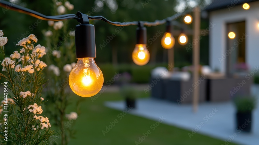 An outdoor dining setup with twinkling lights and BBQ arrangements depicts a lively and festive atmosphere under the evening sky. An outdoor dining setup with twinkling lights and BBQ arrangements depicts a lively and festive atmosphere under the evening sky.