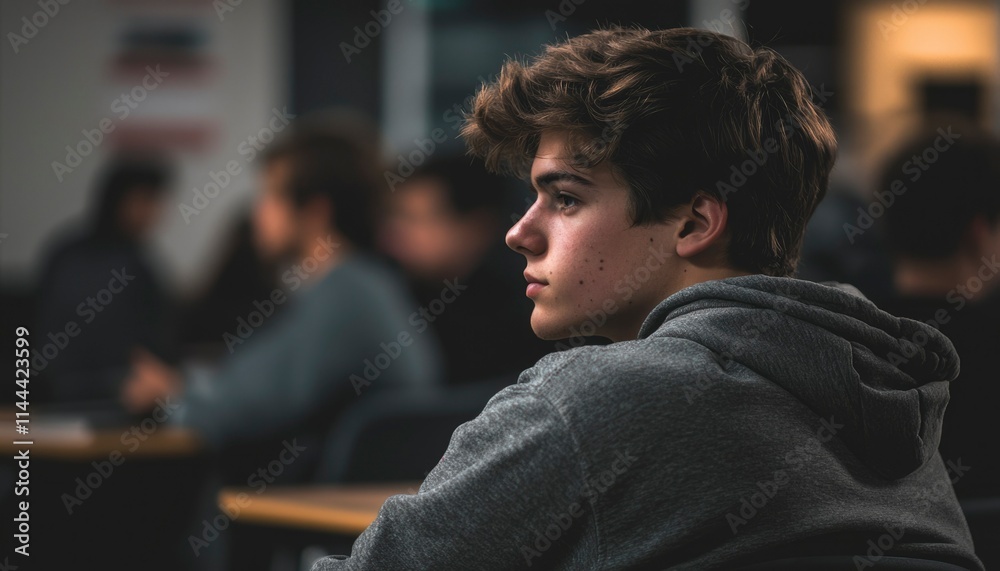 Young Man Contemplating in a Classroom Setting Young Man Contemplating in a Classroom Setting