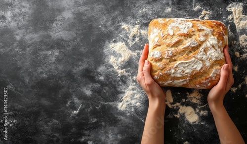 Freshly baked artisanal bread being held by hands against a dark, textured su...