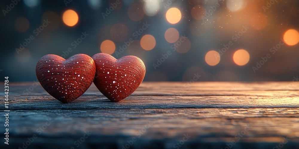 Fototapeta premium Red Wooden Hearts on Wooden Table with Soft-Focus Romantic Background – Valentine's Day Celebration Banner
