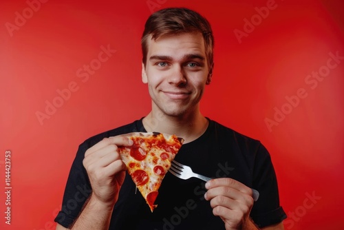 Hungry man craving pizza pie. photo